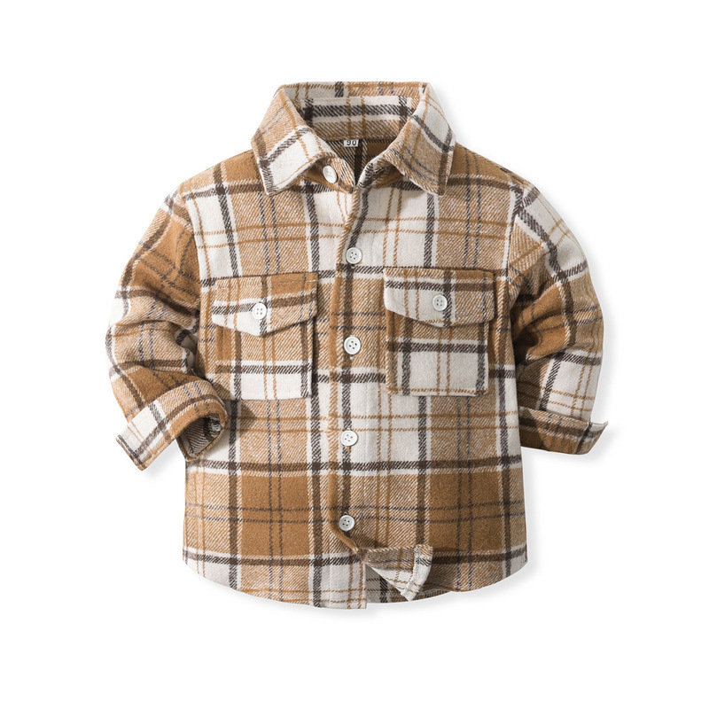 Abrigo cepillado para niños Otoño e Invierno Nuevo estilo europeo y americano para niños de manga larga a cuadros Suede camisa de un solo pecho