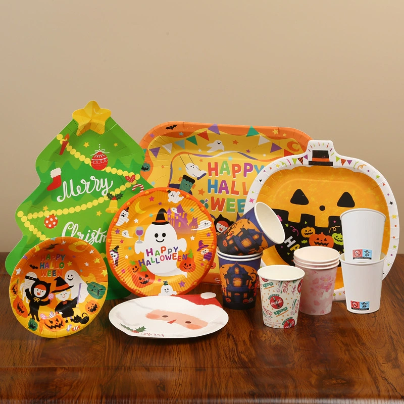 Одноразовые бумажные тарелки и бумажные стаканчики для кейтеринга на Хэллоуин и Рождество, персонализированные детские тарелки с мультяшным дизайном