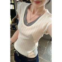 热销拼接假两件巨好看V领黄色短袖针织衫女夏新款漂亮独特上衣