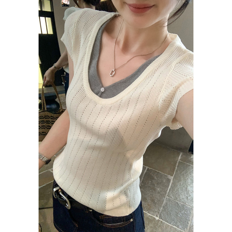 热销拼接假两件巨好看V领黄色短袖针织衫女夏新款漂亮独特上衣