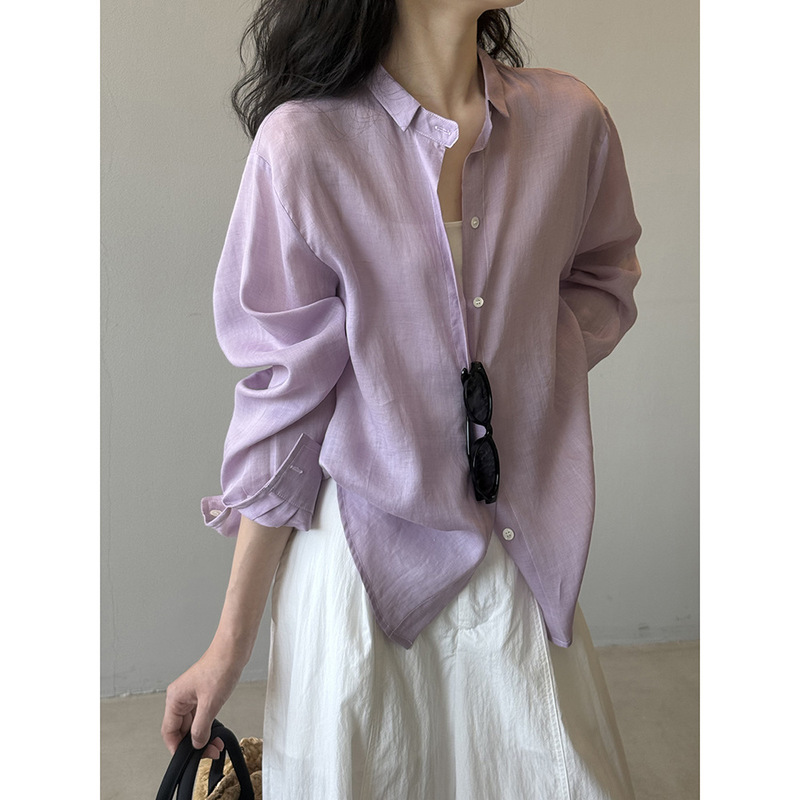 Beishan Tongshu Tencel Ramie Collared Sun Protection Shirt for Women, Summer Elegant Loose Slimming Long Sleeve Top 82525