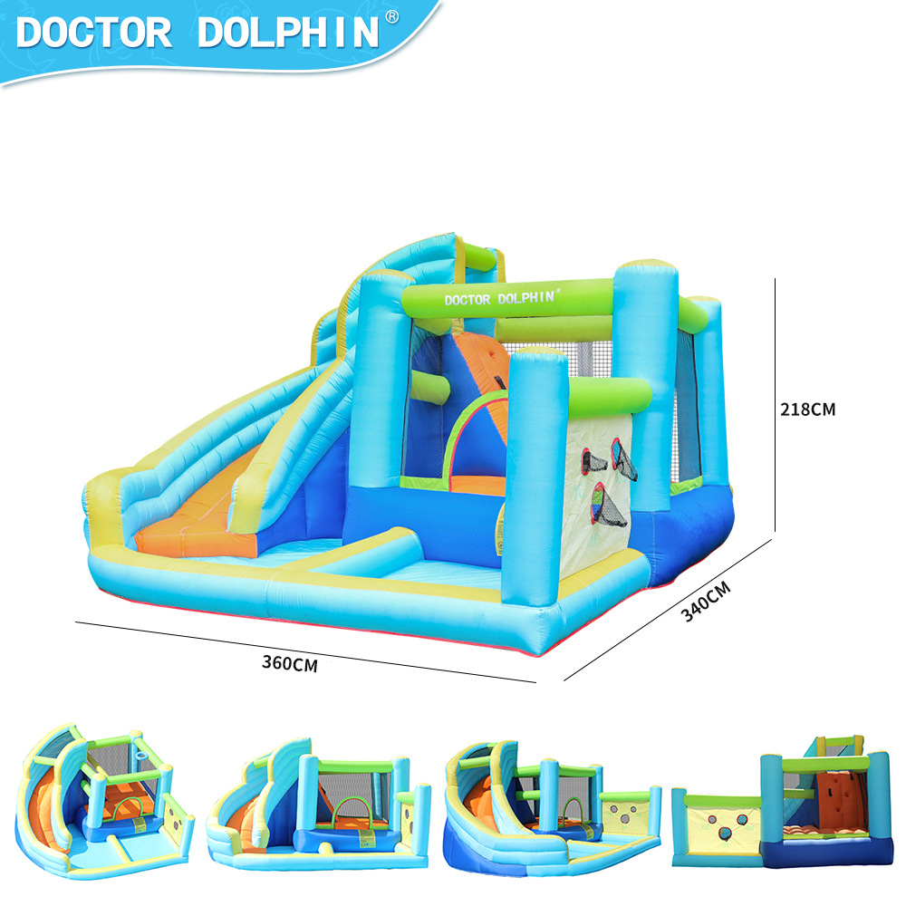 Castillo inflable Doctor Dolphin con rociador de agua, piscina de olas para niños, castillo inflable para uso interior y exterior, trampolín pequeño.