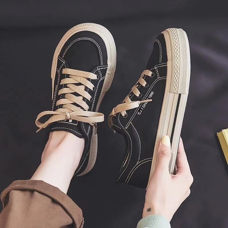2025 Summer School Style Canvas Shoes Casual All-match White Shoes Black Big-toe Shoes Autumn Thick-soled Breathable Sneakers