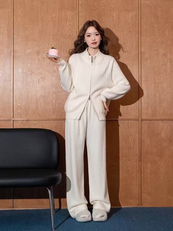 跨境女装新款针织两件套秋冬时尚休闲双拉链开衫上衣+阔腿裤套装|undefined