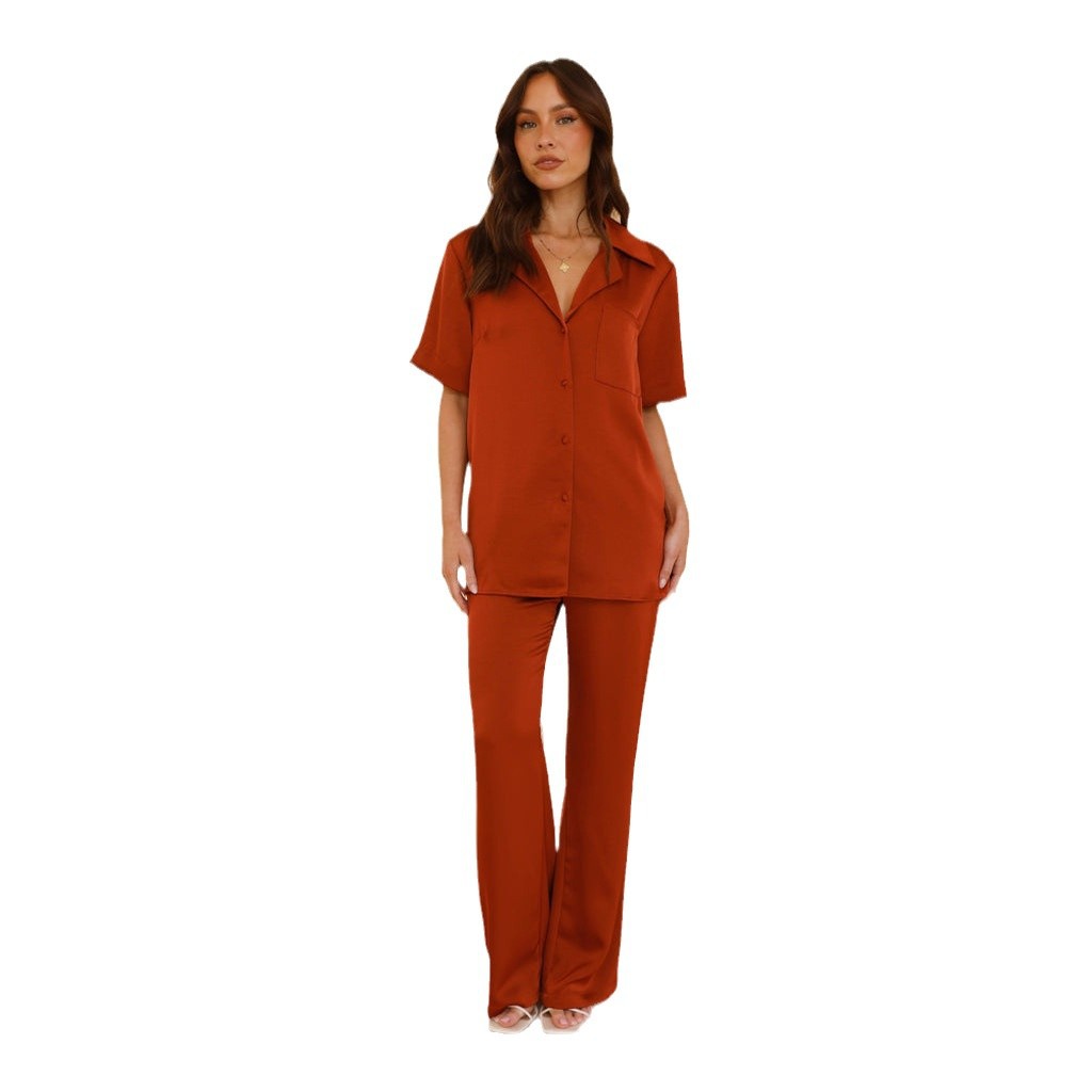 Transfronterizos de ropa de mujer Amazon nueva ropa casera de solapa de color sólido confortable pijamas casuales de mangas cortas pantalones largos set de mujer