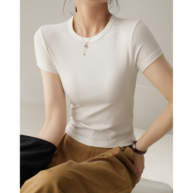 40 PCs 94 Cotton Combed Cotton Live Quality Women's Shoulder T-Shirt Slim Solid Color Short Sleeve Round Neck Base Joker ins