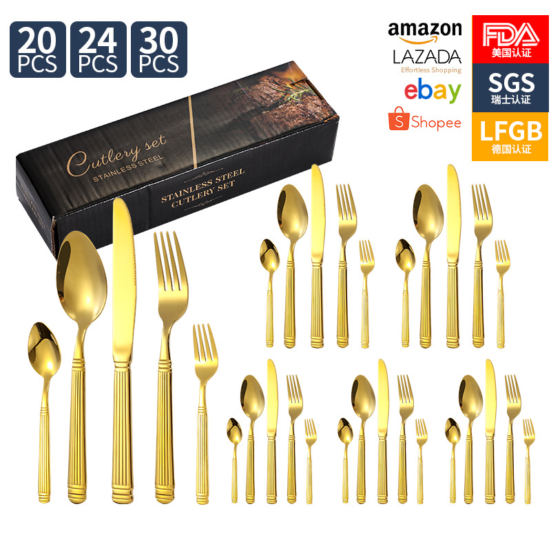 Columna romana vajilla de acero inoxidable cuchillo, tenedor y cuchara juego de 24 piezas hotel restaurante bistec cuchillo, tenedor y cuchara vajilla occidental cuchillo y tenedor