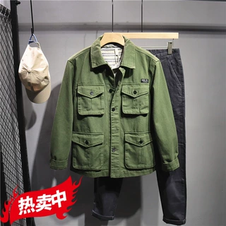 美式硬汉风工装军绿色外套男士潮牌夹克日系宽松牛仔上衣