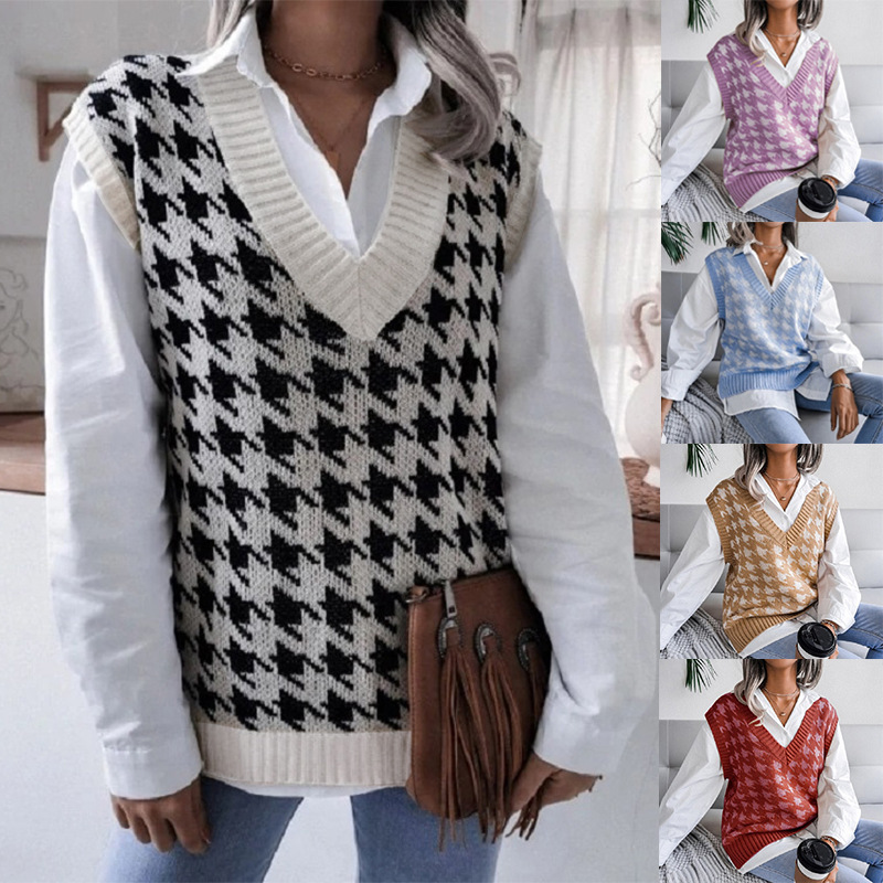 Amazon AliExpress Spring and Autumn New Sweater European and American Women's Casual Knitted Vest Houndstooth Top Women's Clothing Amazon AliExpress Spring and Autumn New Sweater European and American Women's Casual Knitted Vest Houndstooth Top Women's Clothing