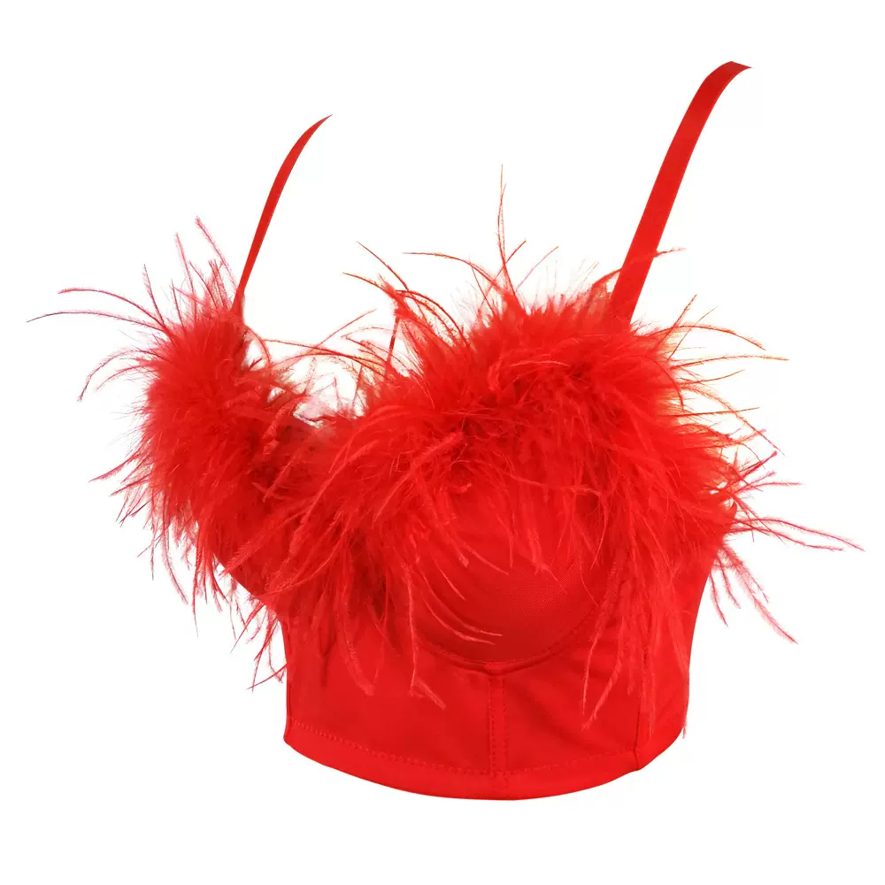 驼鸟毛鱼骨裹胸 免内衣夜店辣妹羽毛上衣欧美性感露背深V领吊带女