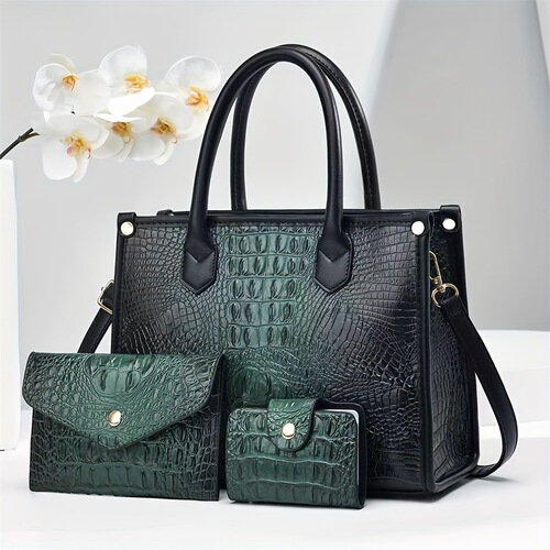 Elegant Romantic Women's Bag Crocodile Print Three-piece Set