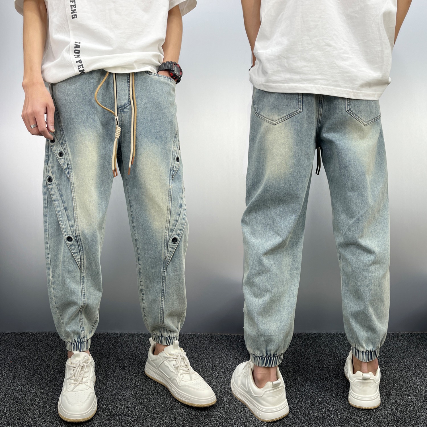 Men's Light Blue Distressed Denim Jeans - Trendy Patchwork Slim Fit Jogger Pants With Adjustable Cuffs, Loose Hip Hop Style_voghion.com