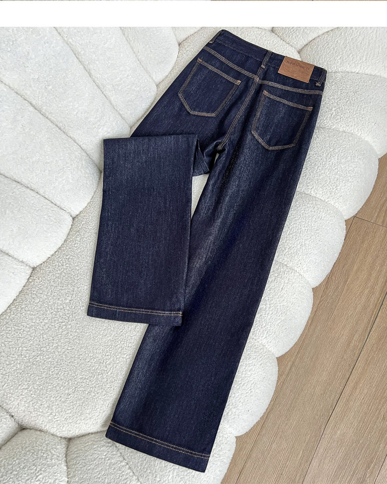 Quần jean ống rộng nữ eo cao màu xanh đậm form suông dài — Deep Blue 9 điểm, Màu xanh đậm kéo dài, Thông thường Deep Blue, Màu xanh đậm, chín điểm chi tiết 7