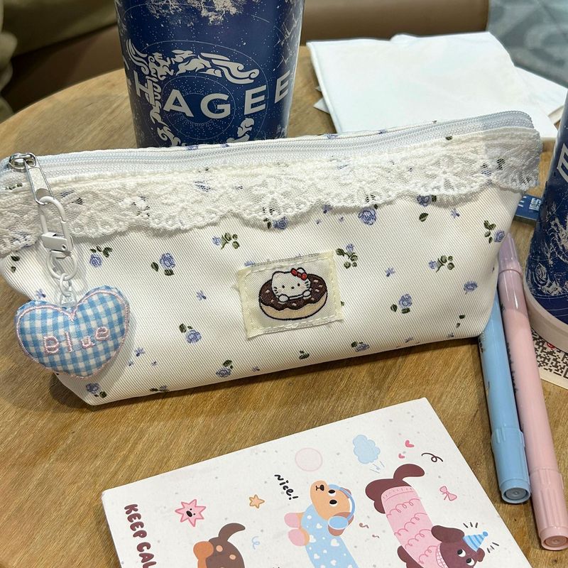 ピンクの花柄鉛筆バッグインかわいいガーリーハート文具バッグ大容量学生鉛筆バッグ高価値収納袋|undefined