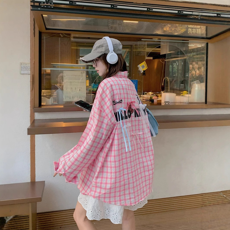 Pink Plaid Three-dimensional Bow Long-sleeved Shirt Women's Early Autumn New Cute Academy Style All-match Sunscreen Thin Jacket