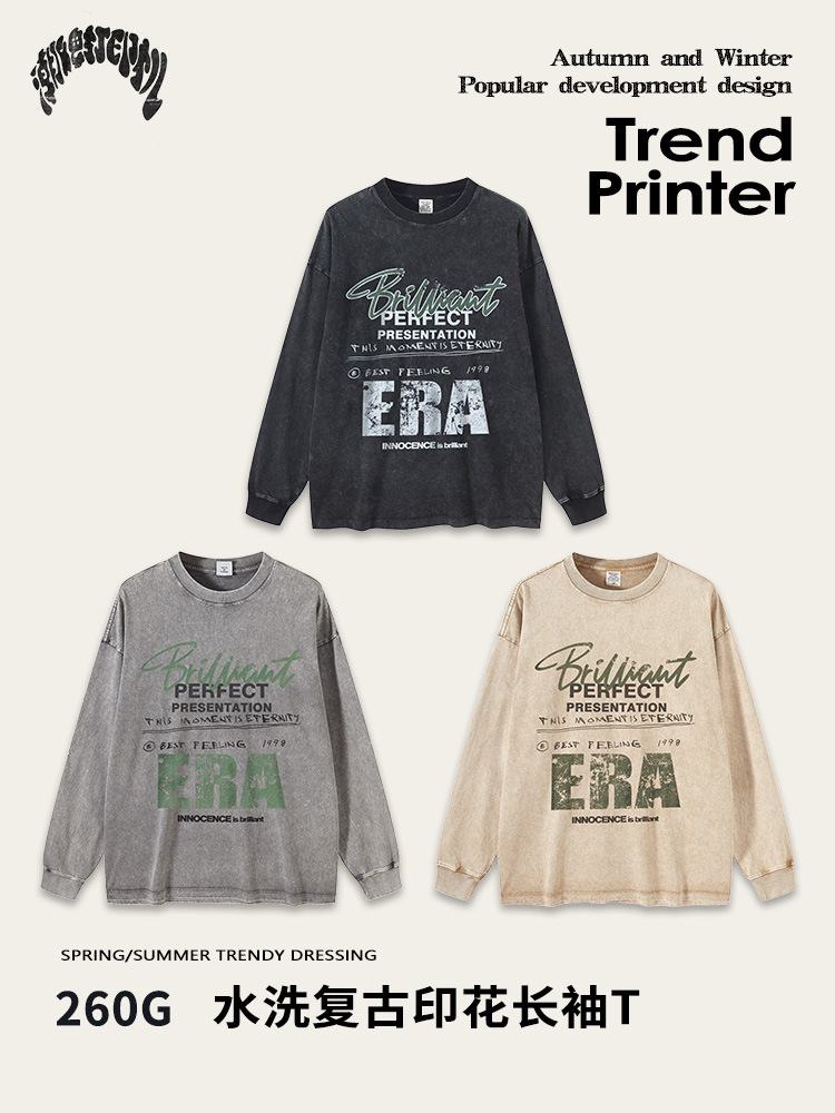 2025 primavera marca de moda americana hace la vieja lavado alta sensación pequeña letra de cuello impresión suelta camiseta de manga larga de moda masculina