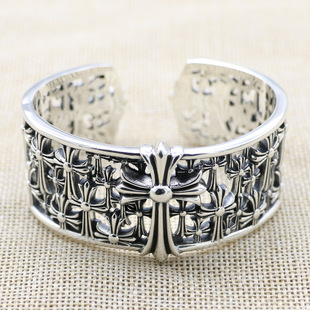 European and American S925 Pure silver cross shelf bracelet men's wide -faced punk trend domineering silver decoration high -shield silver bracelet