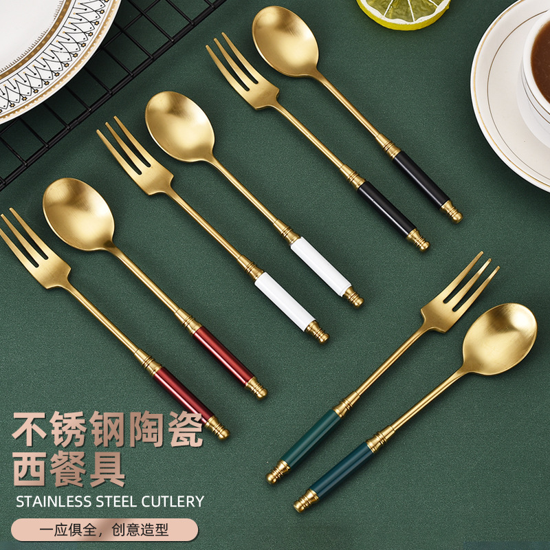 Cross-Border Amazon 304 Stainless Steel Tableware Light Luxury British Retro Tea Fork and Spoon Manufacturer Wholesale Desserts