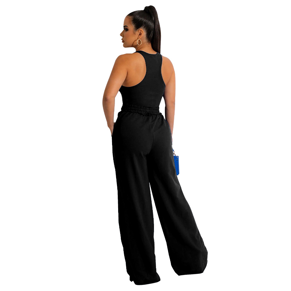 K Women's Solid Color U-neck Jumpsuit With Ripped Wide Leg Pants Set New_voghion.com