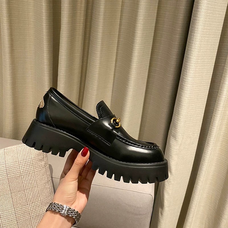 2025 봄 가을 G 홈 말 클립 로퍼 여성용 Little Bee 두꺼운 밑창 가죽 신발 여성용 플랫폼 밑창 작은 가죽 신발