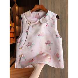 爆款洋气提花新中式马甲背心女娃娃领减龄熊猫寿桃提花轻国风上衣