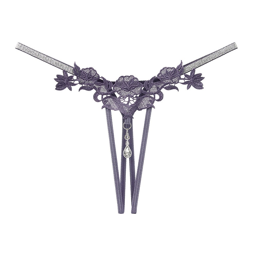 Women’s Rhinestone Open-File Thong in Wine Red, Hollow Embroidered Nylon, One Size — detail image 10