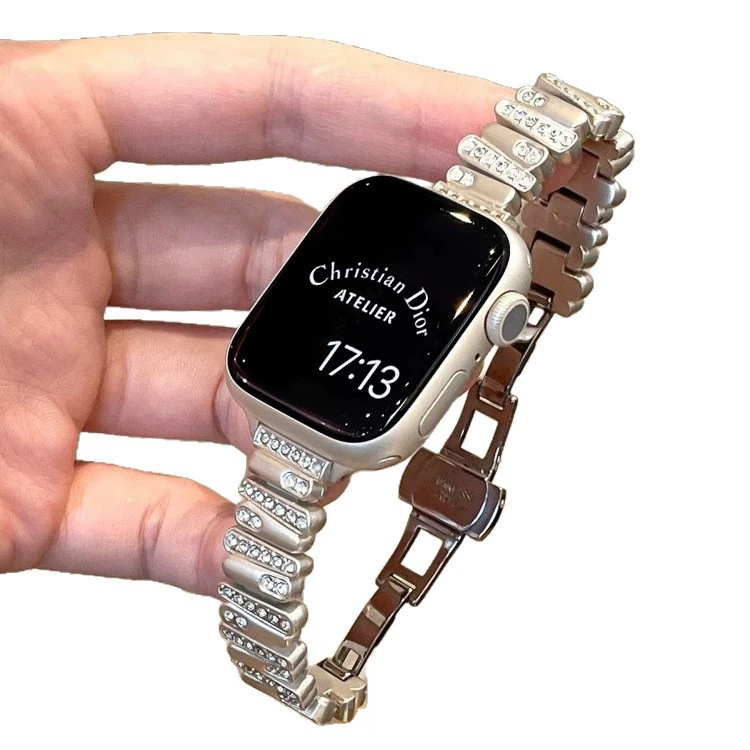 Подходящие для Apple iwatch8/9/10 ремешок металл некруглый бриллиантовый ремешок Applewatch женские часы