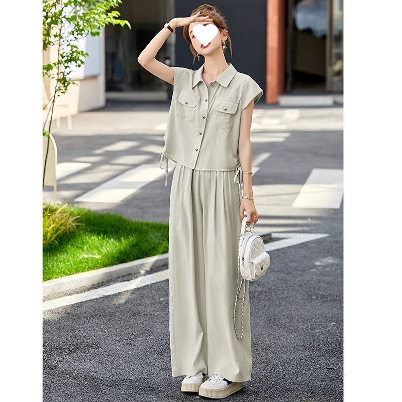 时尚套装2025年夏季新款女高级感纯色短袖阔腿裤两件套装|undefined