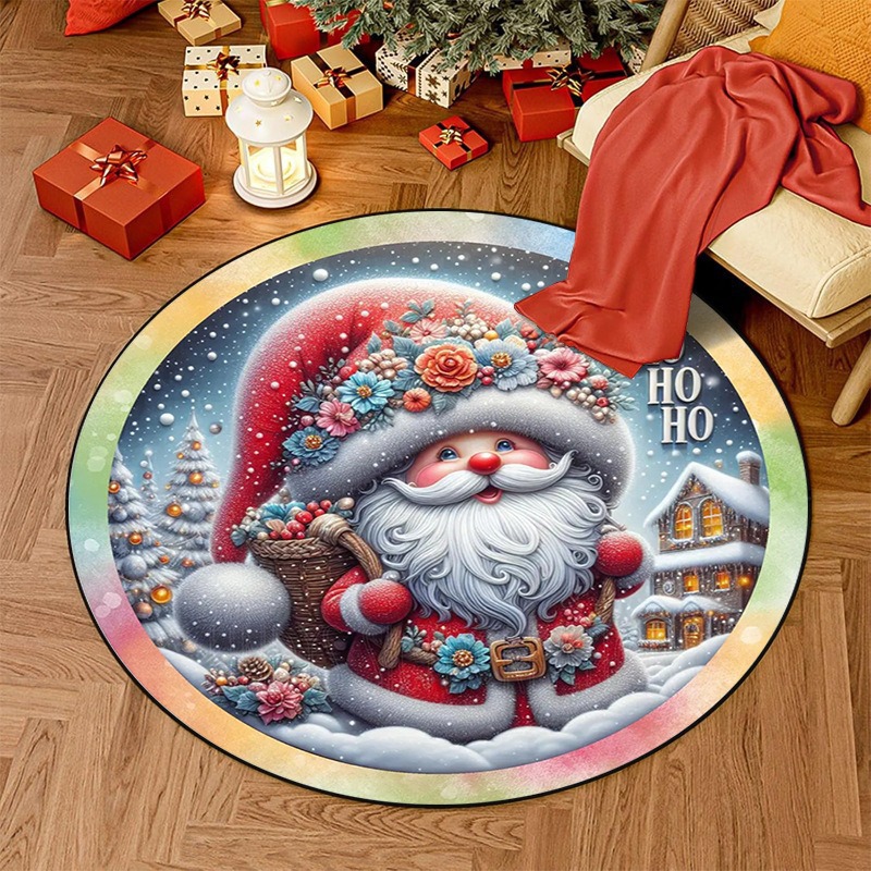 Santa Claus Crystal Velvet Round Floor Mat, Soft and Skin-Friendly, Living Room Sofa Decorative Carpet, Non-Slip and Easy-Care Foot Mat