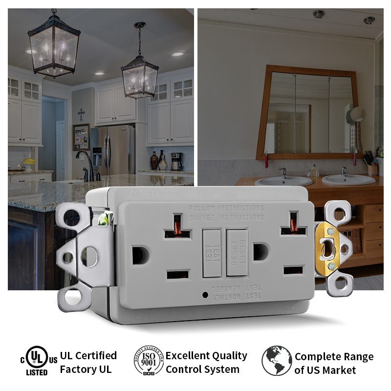 Factory wholesale American standard civil kitchen bathroom GFCI automatic detection with lamp 20 amp leakage protection socket