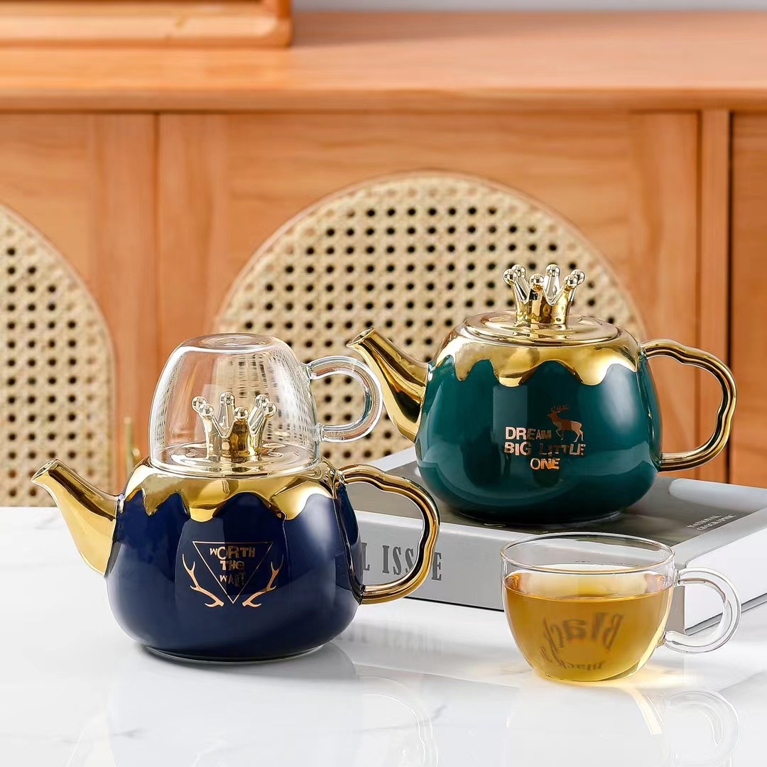Creativo chapado en oro Estilo nórdico botella de agua fría taza combinación traje corona alces flor té agua conjunto con mano regalo taza de agua