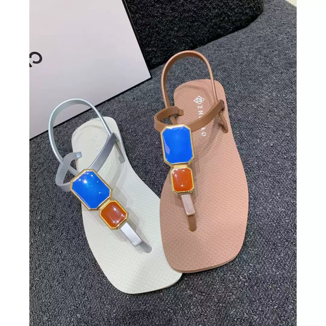 zhetao2025 весенне-летние новые резиновые нескользящие сандалии модные квадратные носки однотонные плоские пляжные шлепанцы