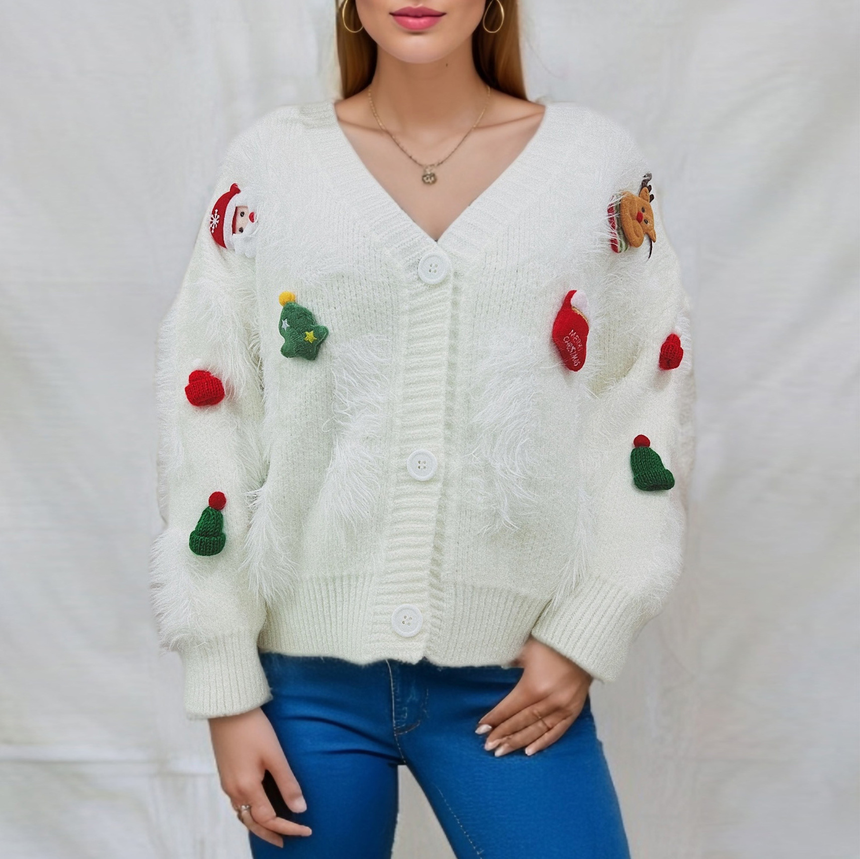 Damenbekleidung Roter Neujahrs-Weihnachtspullover Nerzsamt Weihnachts-Dreidimensionale Dekoration Einreihige Strickjacke Jacke Für Damen_voghion.com
