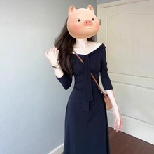 跨境韩版时尚气质显瘦连衣裙女秋季新款小众蕾丝拼接长袖掐腰长裙