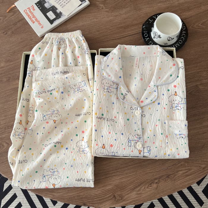 Pijamas de algodón nubes al por mayor transfronterizos pantalones de mangas largas de dibujos animados lindos cardigans con solapa otoño nueva explosión ropa para el hogar