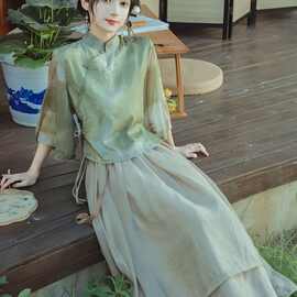 新中式禅意茶服旗袍两件套日常改良汉服文艺国风显瘦温柔连衣裙夏