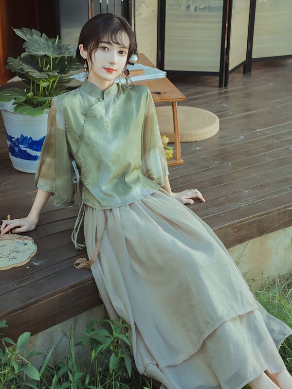 New Chinese Zen Tea Clothing Cheongsam Two-Piece Set Daily Improved Hanfu Art National Style Slimming Gentle dress Summer New Chinese Zen Tea Clothing Cheongsam Two-Piece Set Daily Improved Hanfu Art National Style Slimming Gentle dress Summer