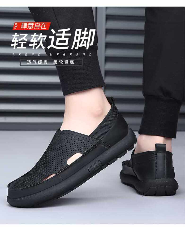 Dép sandal nam da bò đế bằng mũi tròn kiểu lười thoáng khí, đế cao 1 cm — Trắng CB9926-2, Đen CB9926-2 chi tiết 10