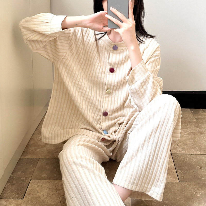 绵羊绒睡衣女款秋冬季韩版休闲开衫长袖套装简约保暖家居服可外穿|undefined