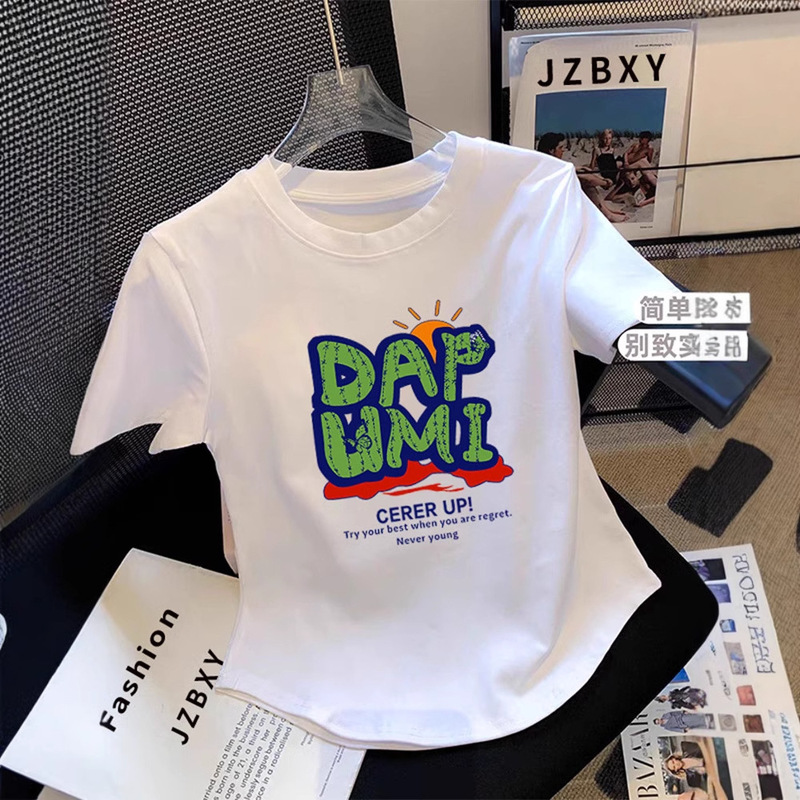 Pure Cotton T-shirt White Summer Short-sleeved Irregular Hem Arc T-shirt Women's Short Slim-fit Sexy Niche Top