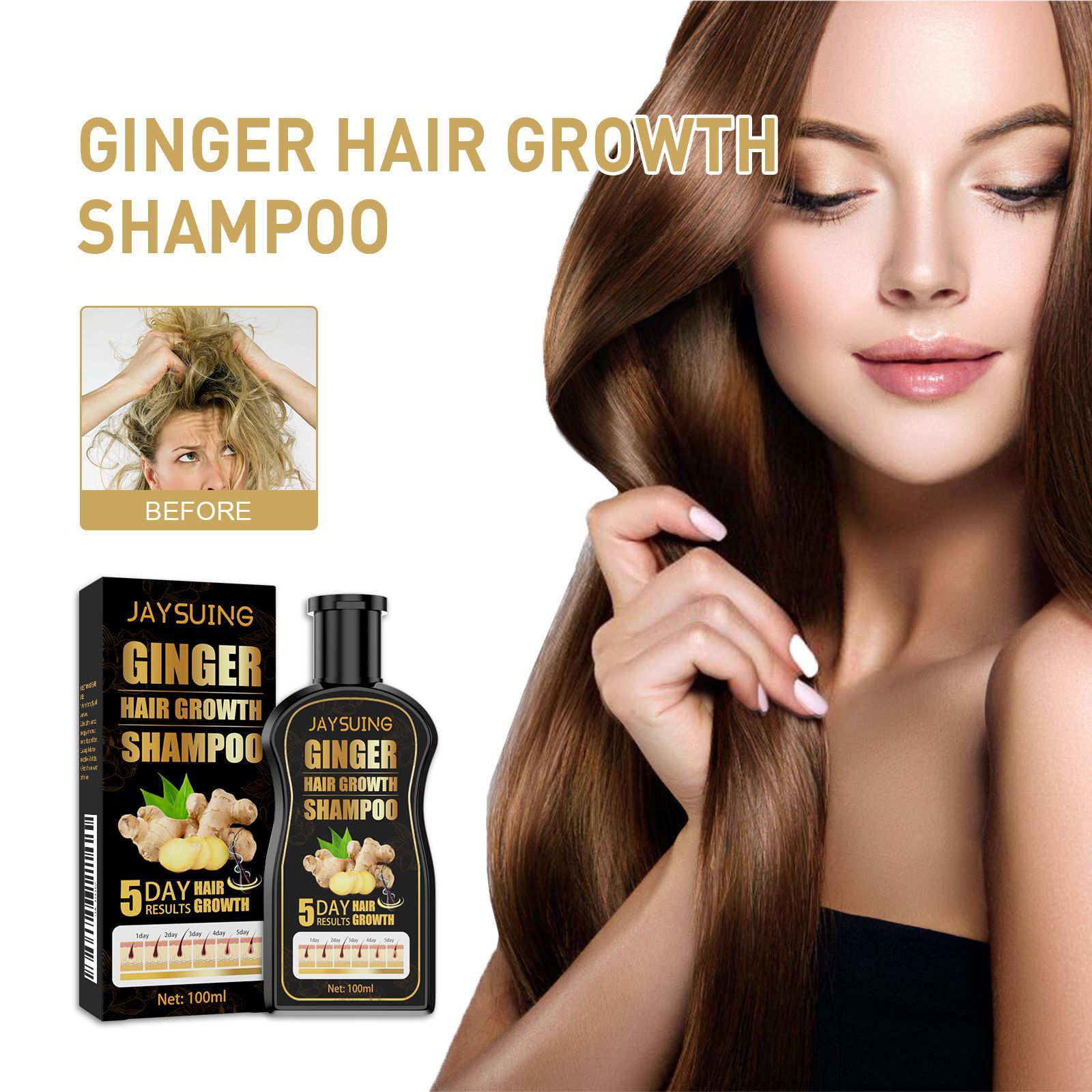 Jaysuing Ginger Hair Care Shampoo Deep Cleansing, Moisturizing, Nourishing, and Conditioning for Smooth and Fluffy Hair