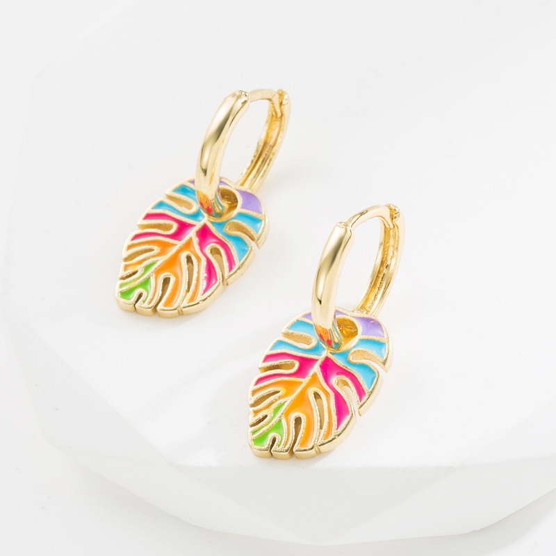 Retro Leaf Feather Snake Copper Earrings Enamel Zircon Copper Earrings display picture 4