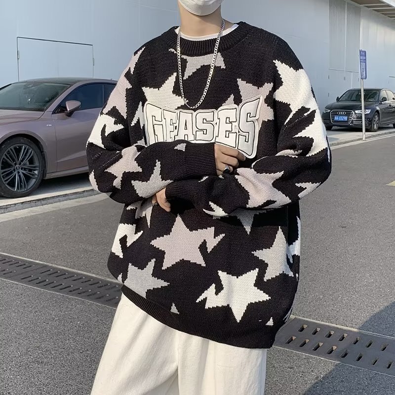 Autumn and Winter Loose Round Neck Star Sweater Men's and Women's Unisex Top Trendy American Style Retro hiphop Couple's Best Friend Dress