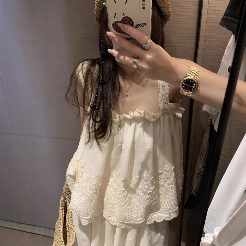 French Heavy Crochet Embroidery Lace Camisole Summer Vacation Fairy-Like Elegant Vest Top
