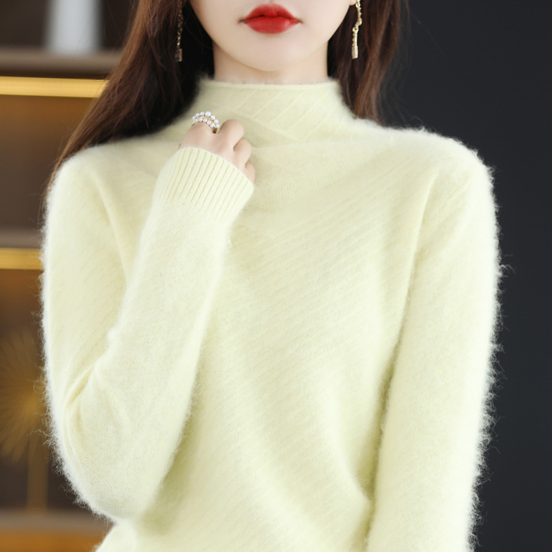 Women's Autumn/Winter Half-High Neck Mink Cashmere Sweater, Solid Color, Plus Size, Wool Pullover, Versatile, Cashmere, Slim Fit Base Layer