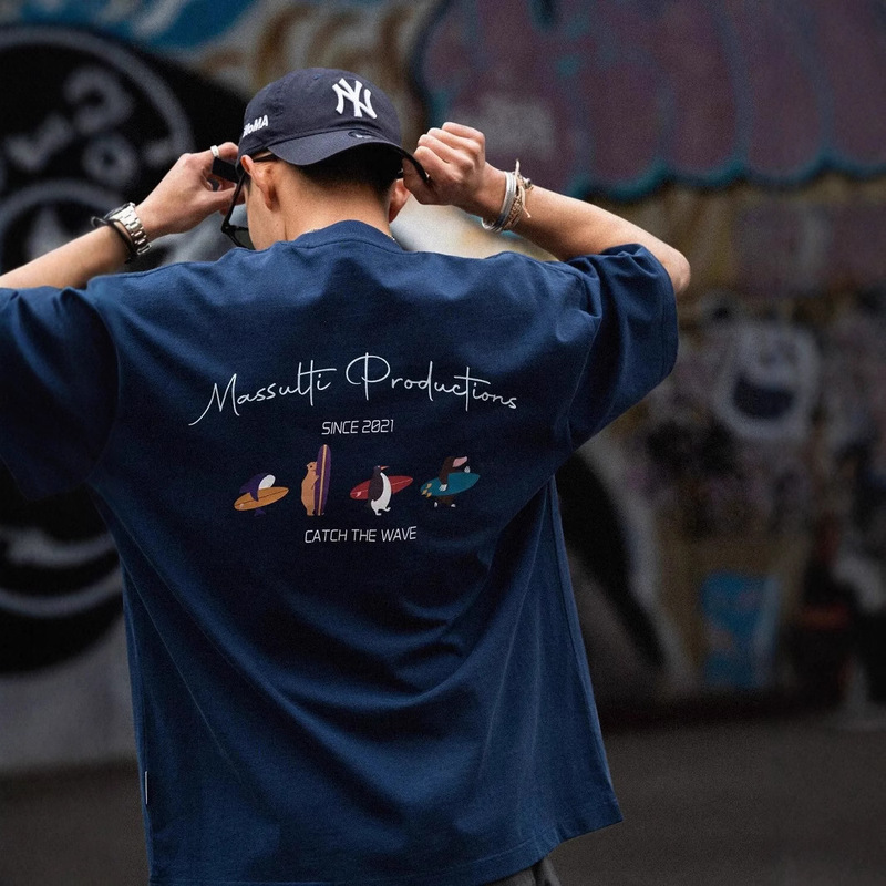 Heavy Japanese 2025 New Summer Japanese Round Neck Fun Surfing Childish Printed Loose tee Short Sleeve T-shirt