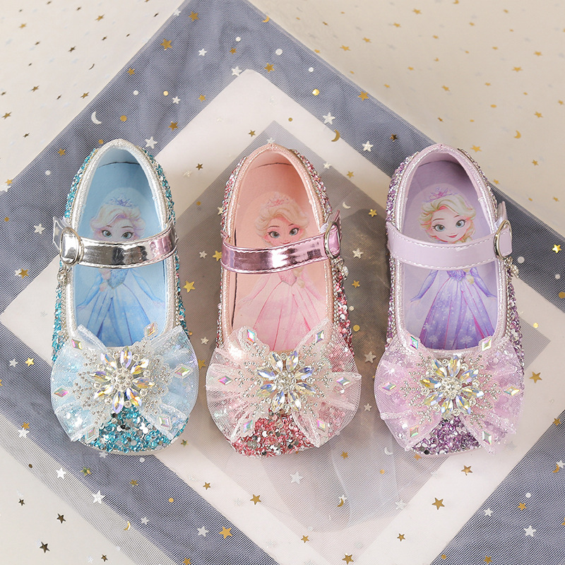 Girls Elsa Snowflake Princess Crystal Shoes 2025 Spring and Autumn New Children's Bow Girls Performance Shoes Small Leather Shoes