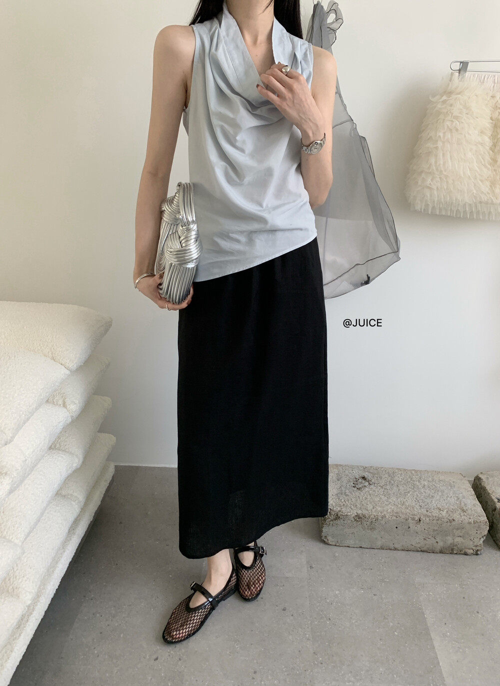 Chân váy linen cạp chun chữ A dáng dài nữ phong cách tối giản — màu đen, Xanh đen, Xanh nước biển, Màu cà phê chi tiết 25