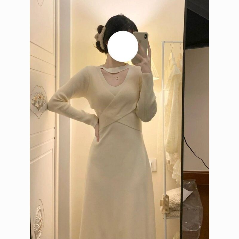 Slim-Fitting Knitted Dress-Like Bottoming Sweater for Women, Pure Lusty Autumn and Winter Long Skirt with Coat, New Style
