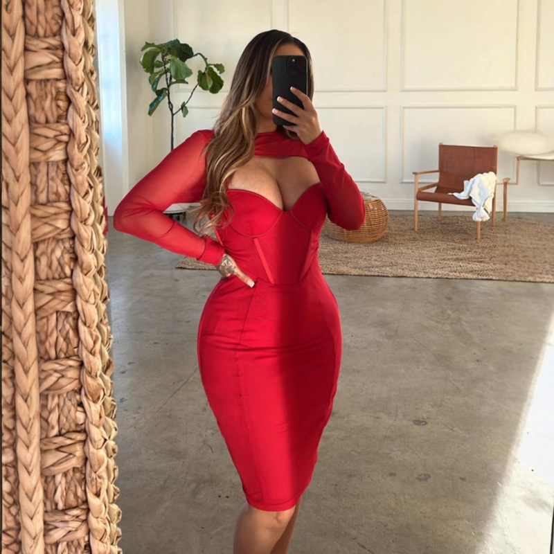 European and American Fashion Slimming See-Through Mesh Bandage Dress Burgundy Bride Toast Dress Low-Cut Sexy Evening Dress